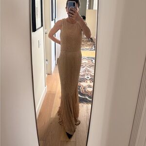 Rachel Gilbert Crystal-Embellished Evening Maxi Gown Beige Size XS